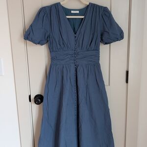 Elegant Blue Midi Dress with Puff Sleeves